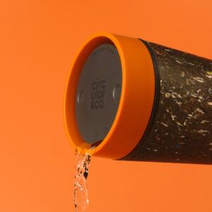 Circular&Co Reusable Coffee Cup Made From Recycled Trainers Sunrise Orange 360 Drinking